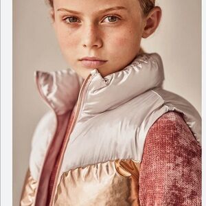 ZARA GIRL METALLIC PINK CREAM PUFFER VEST ZIP FRONT WAISTCOAT OUTERWEAR SZ 9-10